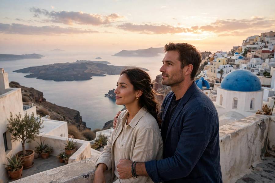 Couple watching sunrise over the Santorini caldera, among the best honeymoon destinations