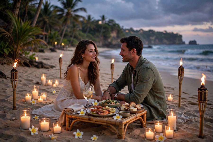 Private beach dinner in Bali at dusk, one of the most romantic best honeymoon destinations