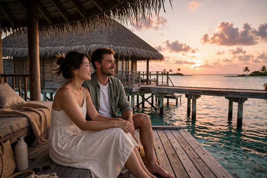 Couple in overwater bungalow in Maldives at sunset December