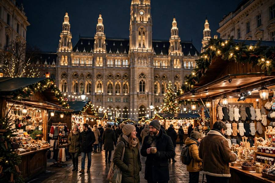 Vienna Christmas market with lights and stalls at night