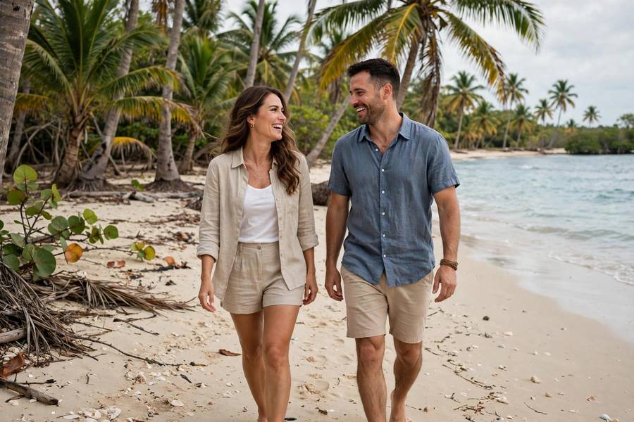 Couple on beach in Belize with palm trees December