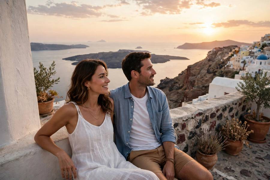 Couple on Santorini caldera terrace at sunset summer