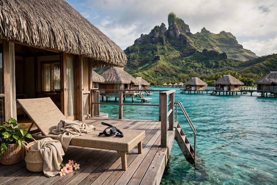 Overwater bungalow in Bora Bora with Mount Otemanu