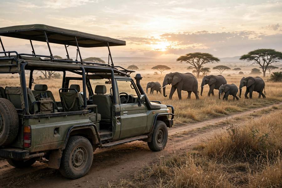 Safari jeep at sunrise with elephants Serengeti