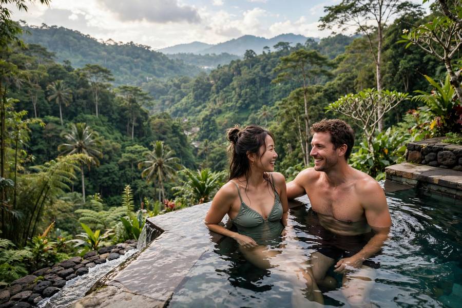 Couple in Bali infinity pool with jungle view