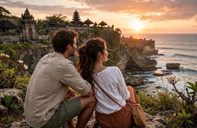 Couple watching sunset at Uluwatu temple Bali honeymoon
