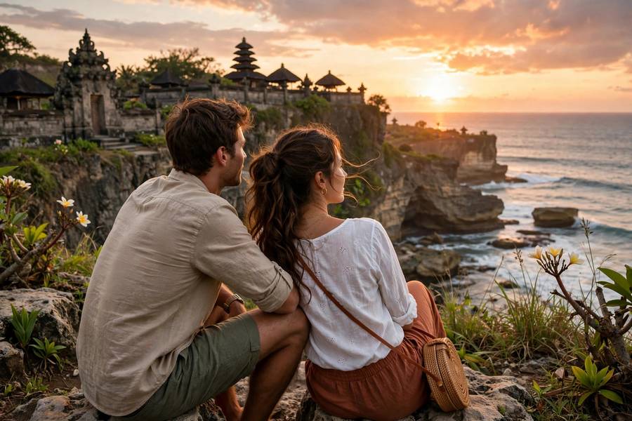 Couple watching sunset at Uluwatu temple Bali honeymoon