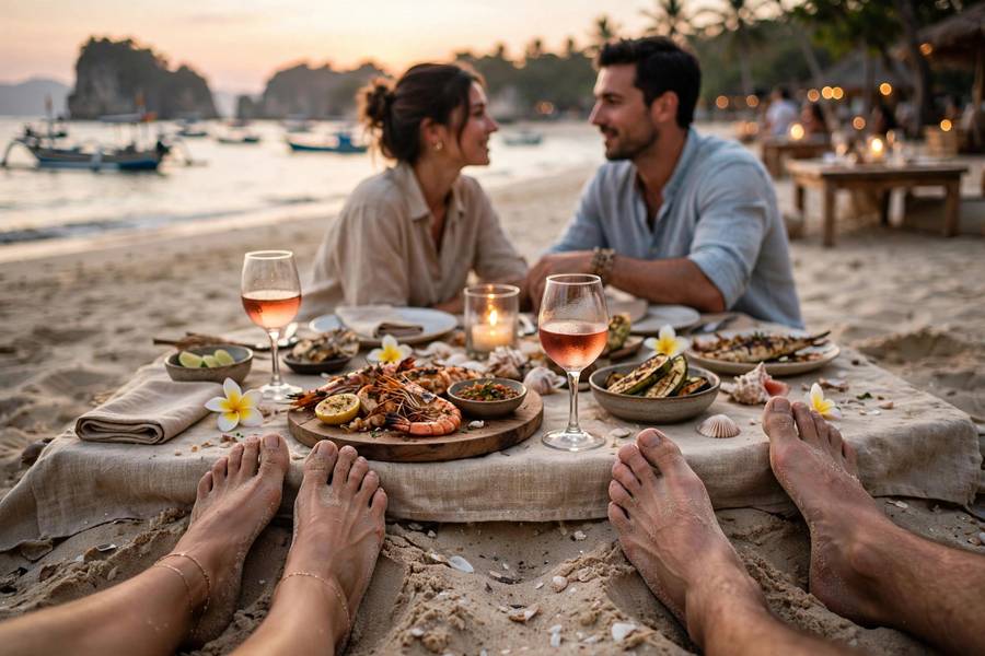 Romantic dinner on Jimbaran Bay beach with feet in sand