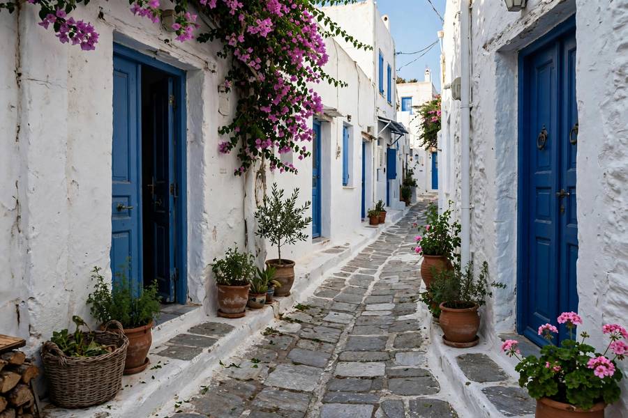 Whitewashed village street in Naxos Greece with blue doors