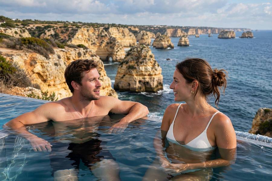 Couple in infinity pool overlooking Algarve cliffs Portugal