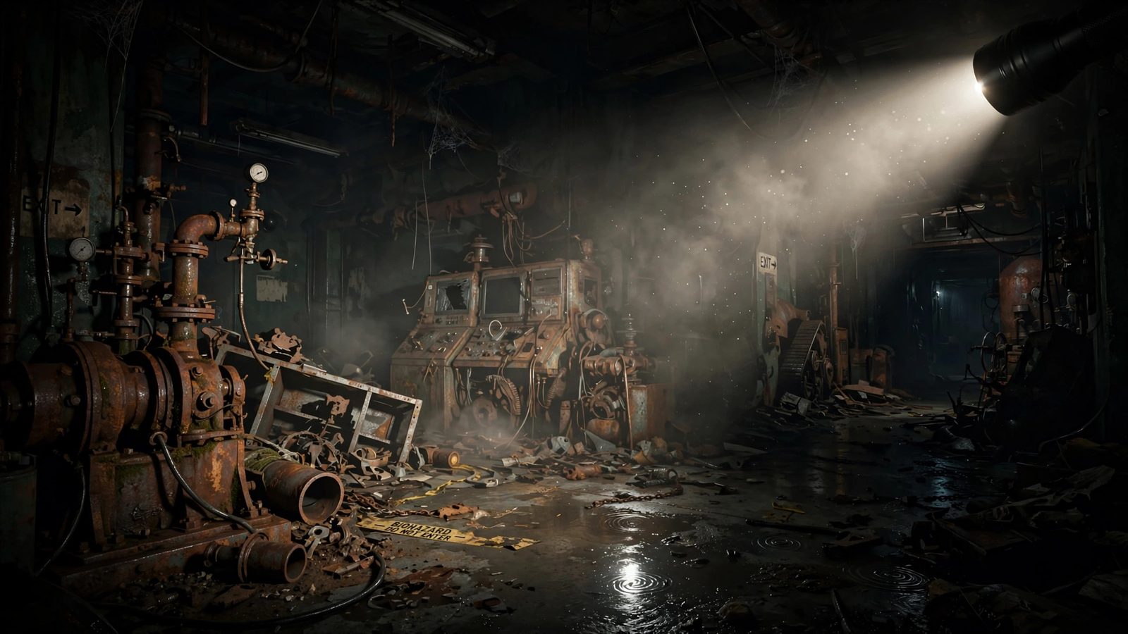 Survival horror gameplay in a dark abandoned facility