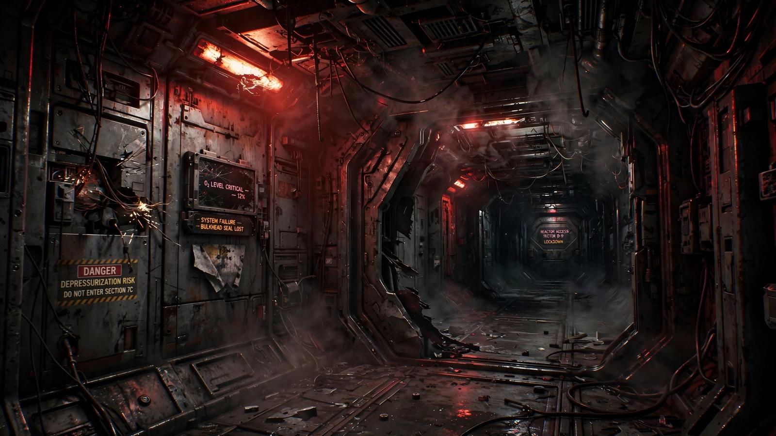 Sci-fi horror atmosphere aboard a derelict spaceship