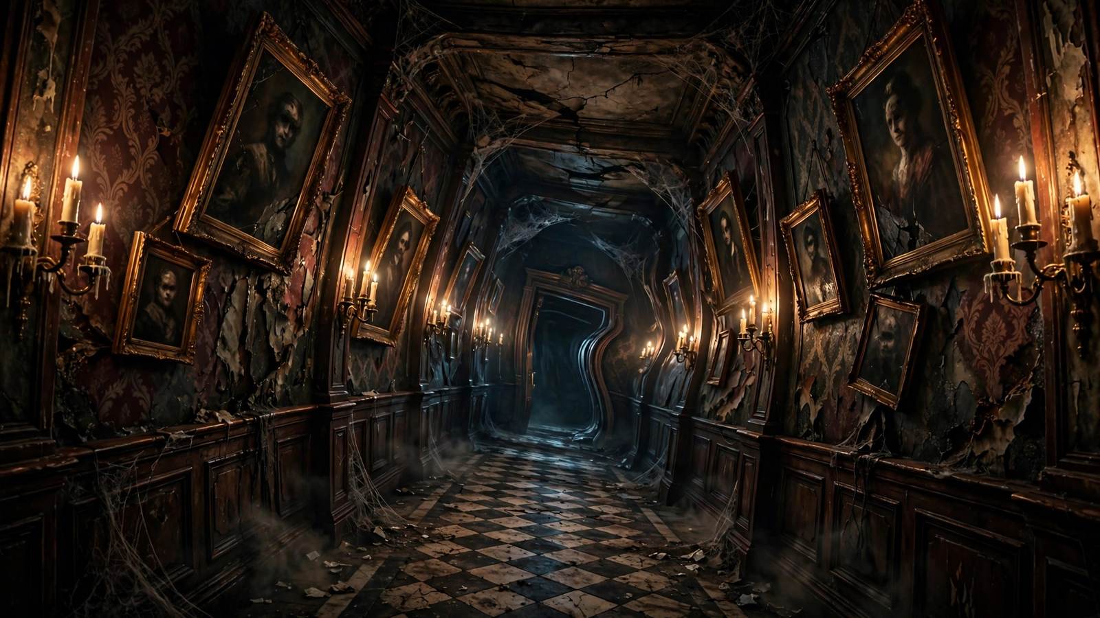 Psychological horror scene in a shifting Victorian mansion