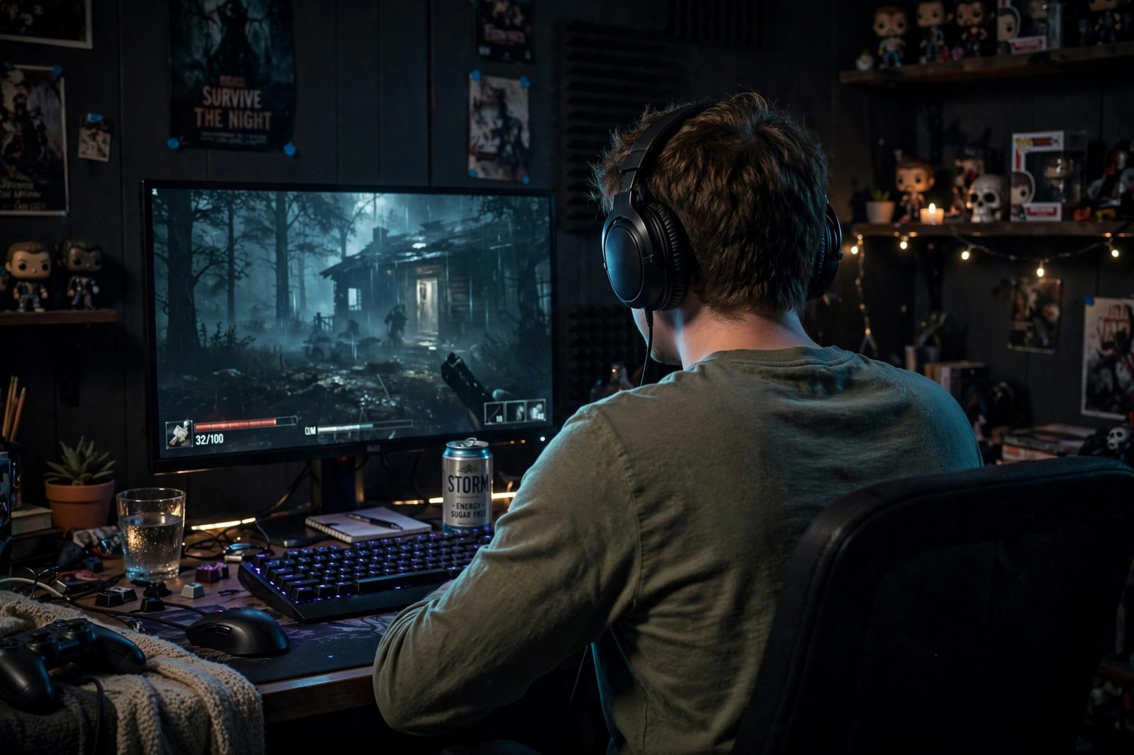 Gamer playing a horror game with headphones in a dark room