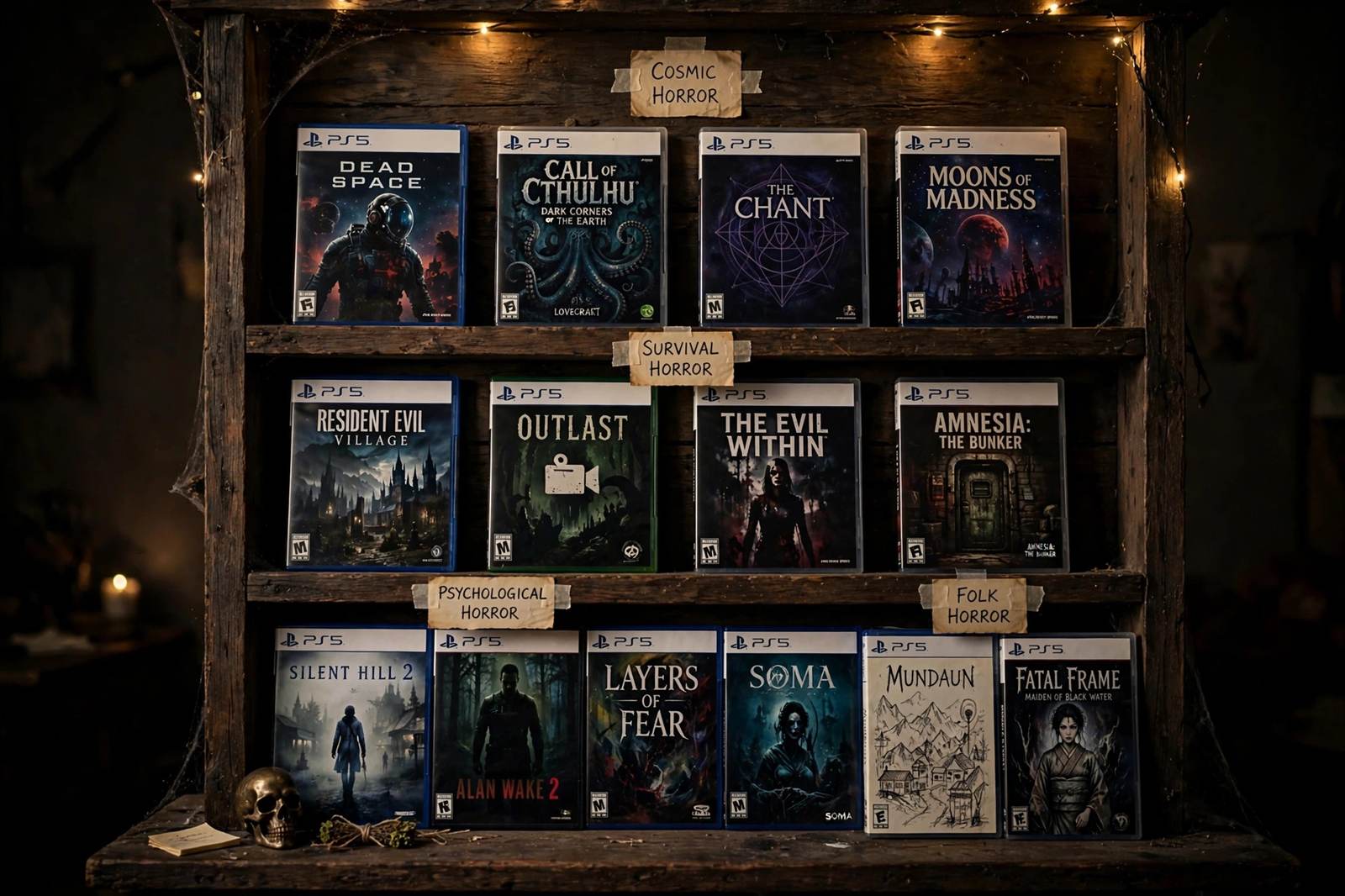 Horror game collection displayed on a shelf for different subgenres