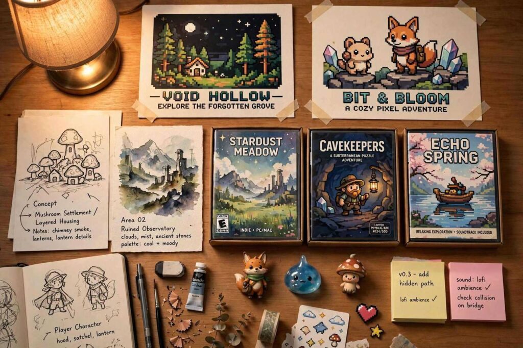 Collection of indie game artwork showing pixel art and hand-drawn styles