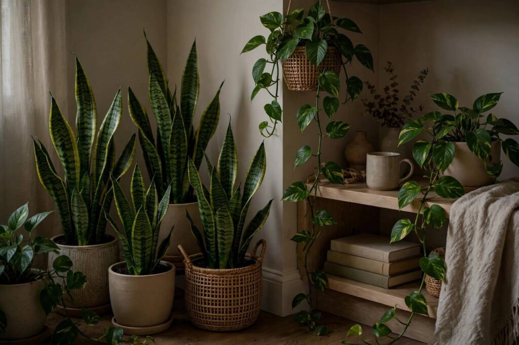 Lush snake plants and pothos in a dimly lit living room corner