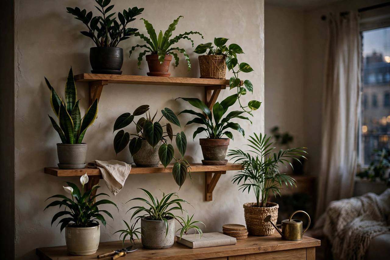 Collection of shade-tolerant houseplants on shelves in a cozy dim apartment