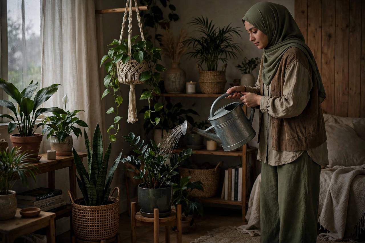 Person watering indoor plants with a watering can in a dim cozy room