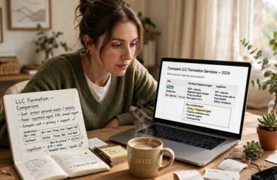 Entrepreneur comparing the best LLC formation services on a laptop