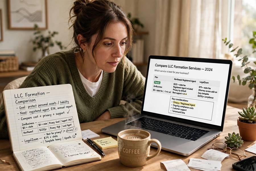 Entrepreneur comparing the best LLC formation services on a laptop