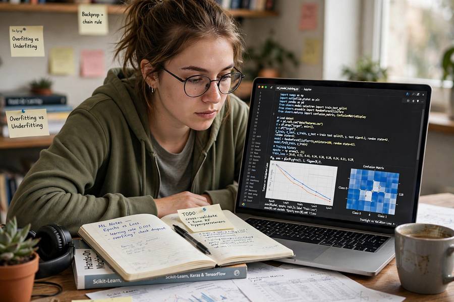 A student studying machine learning with Python code and data visualizations on a laptop