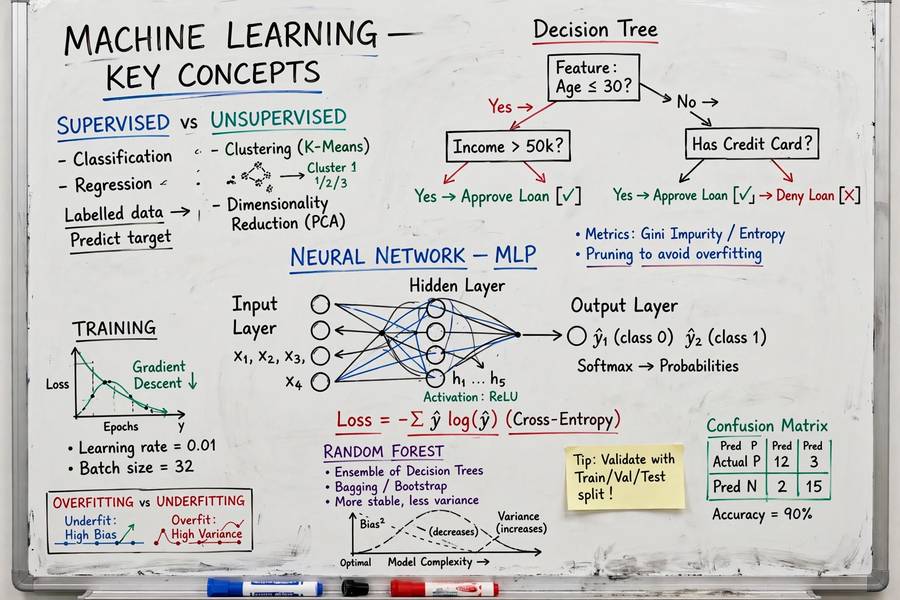 A whiteboard covered with machine learning diagrams including decision trees and neural networks