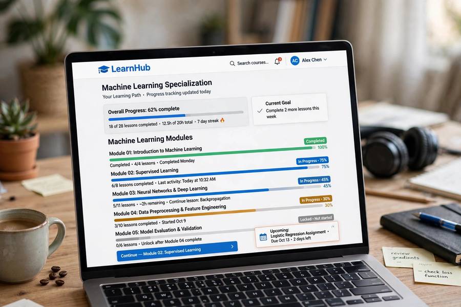 An online course dashboard showing machine learning modules and progress tracking