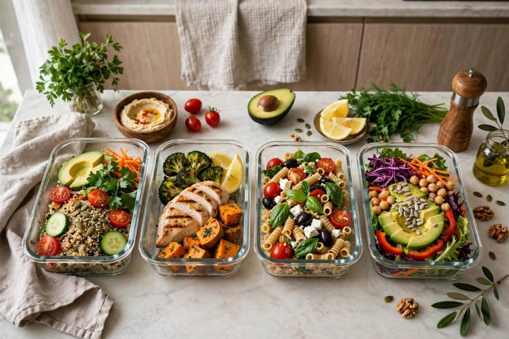 Glass meal prep containers with healthy lunches arranged on counter