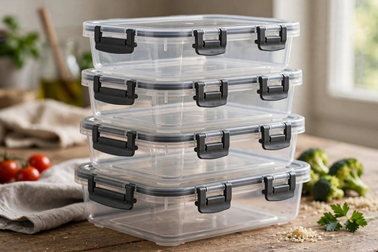 Glass meal prep containers with healthy lunches arranged on counter