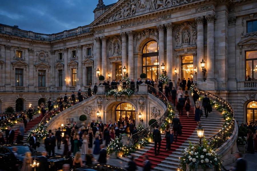 Grand museum entrance with formally dressed guests arriving at the Met Gala