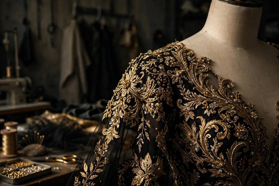 Embroidered couture gown detail evoking the best Met Gala looks of all time