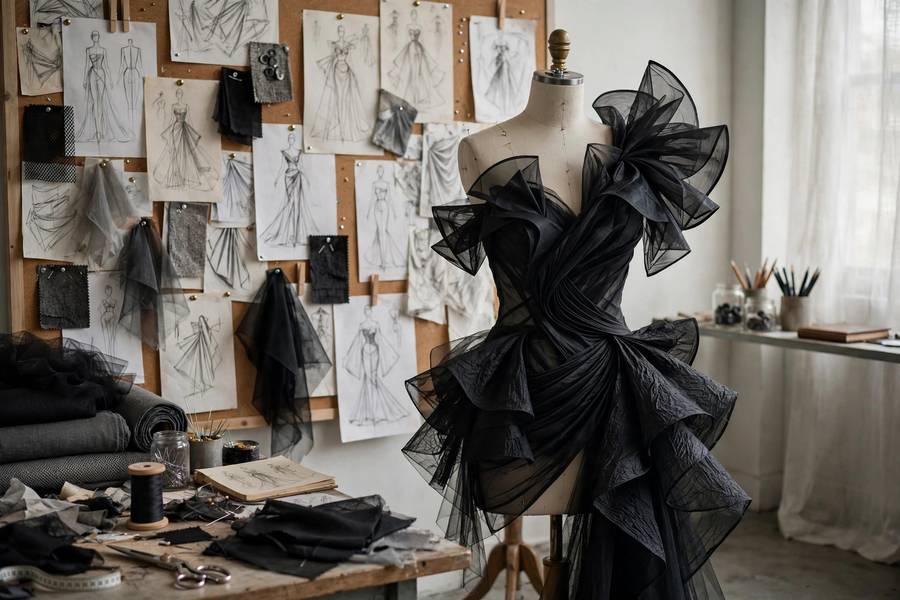 Fashion atelier creating an avant-garde gown destined for the Met Gala