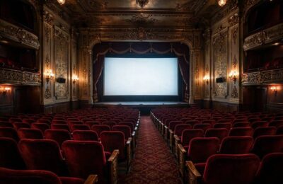 A classic movie theater interior with red velvet seats