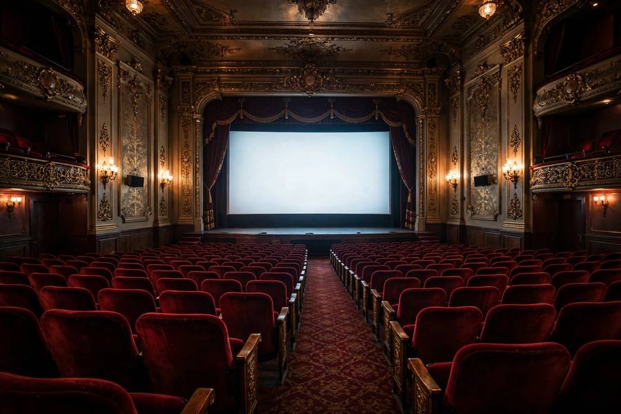 A classic movie theater interior with red velvet seats