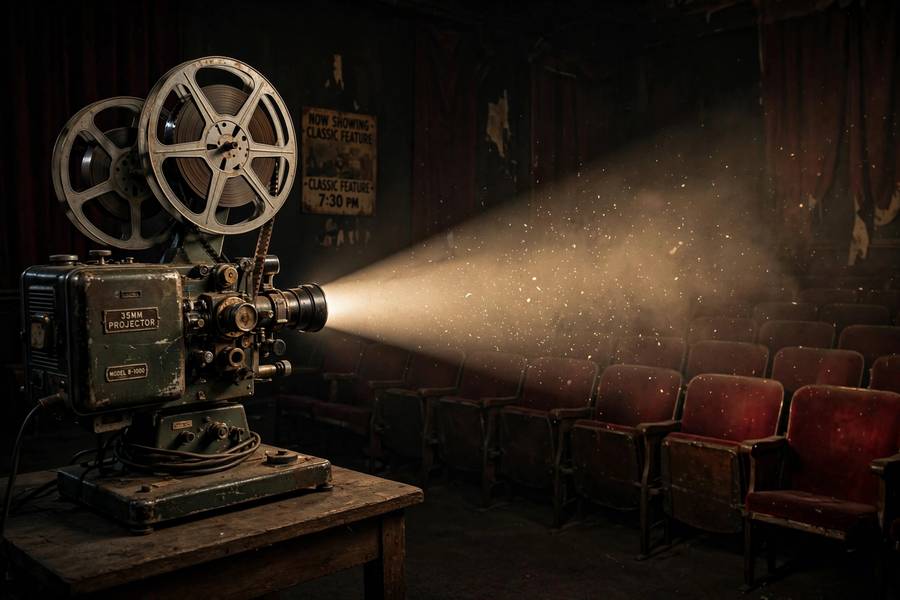 A vintage film projector casting light in a dark theater