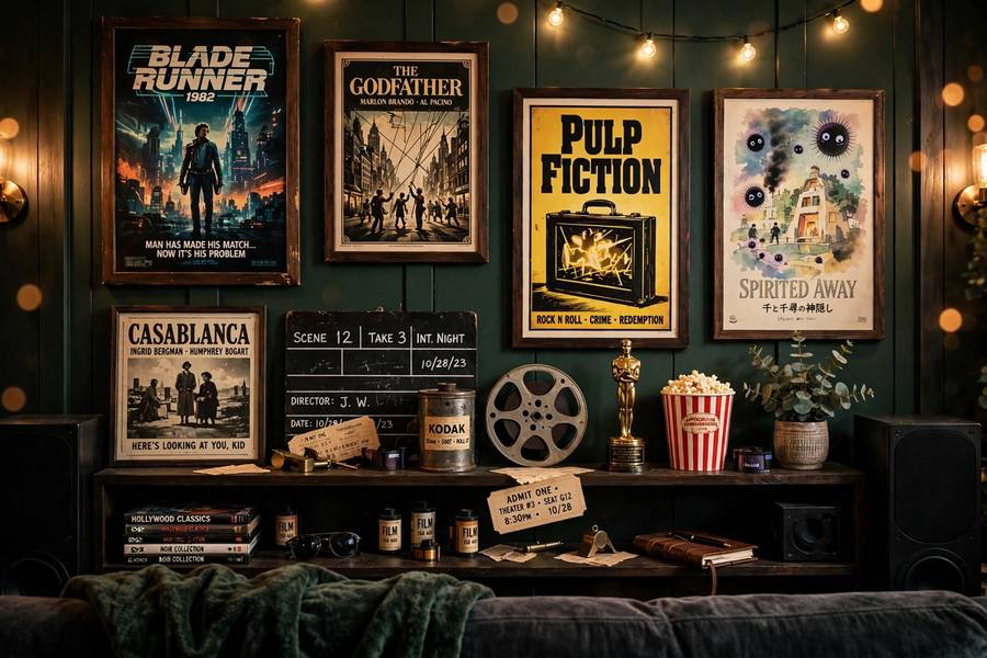 Movie posters displayed in a home theater room