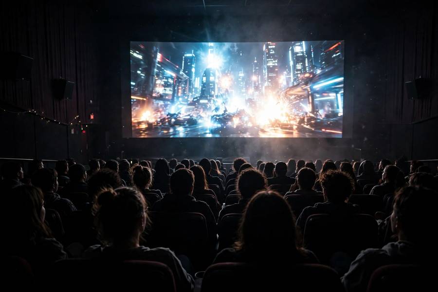An audience watching a film together in a dark cinema