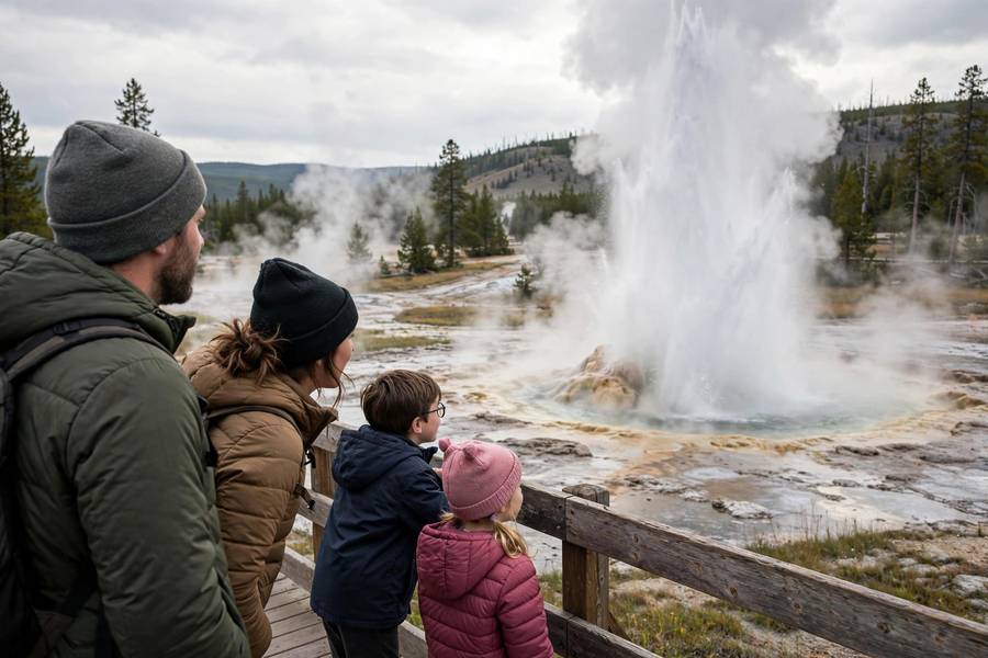 Family watching Old Faithful geyser erupt Yellowstone