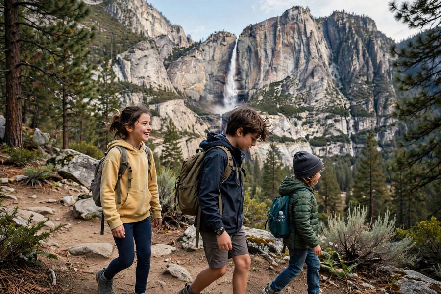 Kids on trail with Yosemite Falls in background