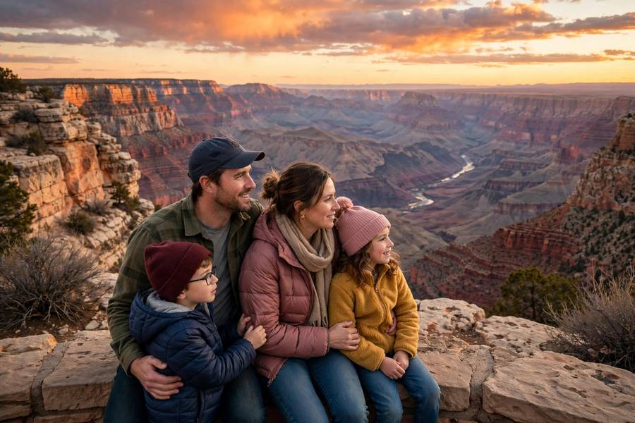 Family at Grand Canyon South Rim viewpoint sunset