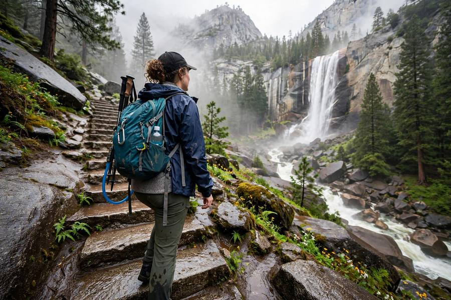 Hiker on Mist Trail with Vernal Fall Yosemite