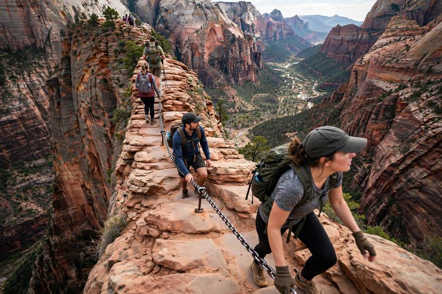 Angels Landing chains with hikers Zion canyon