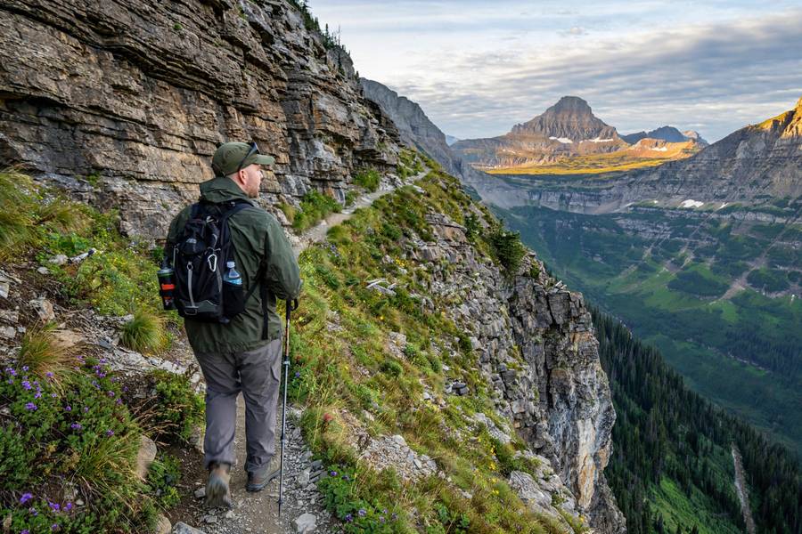 Highline Trail with hiker in Glacier National Park