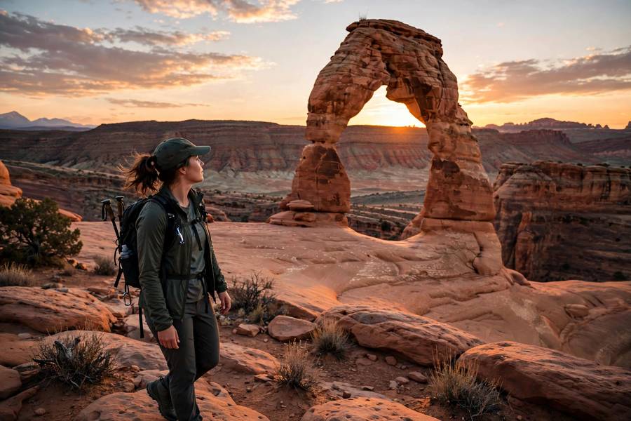 Hiker at Delicate Arch sunset Arches