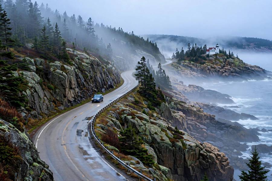 Coastal highway on a national park road trip in Acadia, Maine