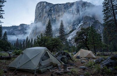 Tent camping beneath granite cliffs in Yosemite Valley at dawn