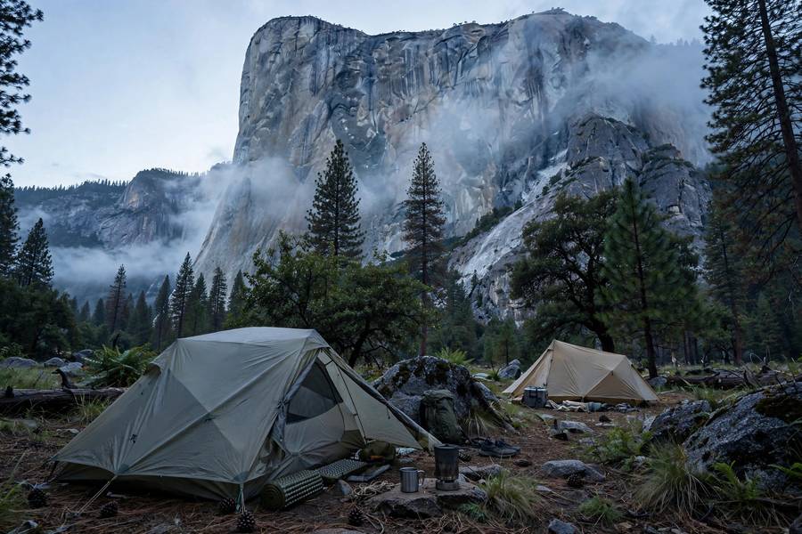 Tent camping beneath granite cliffs in Yosemite Valley at dawn