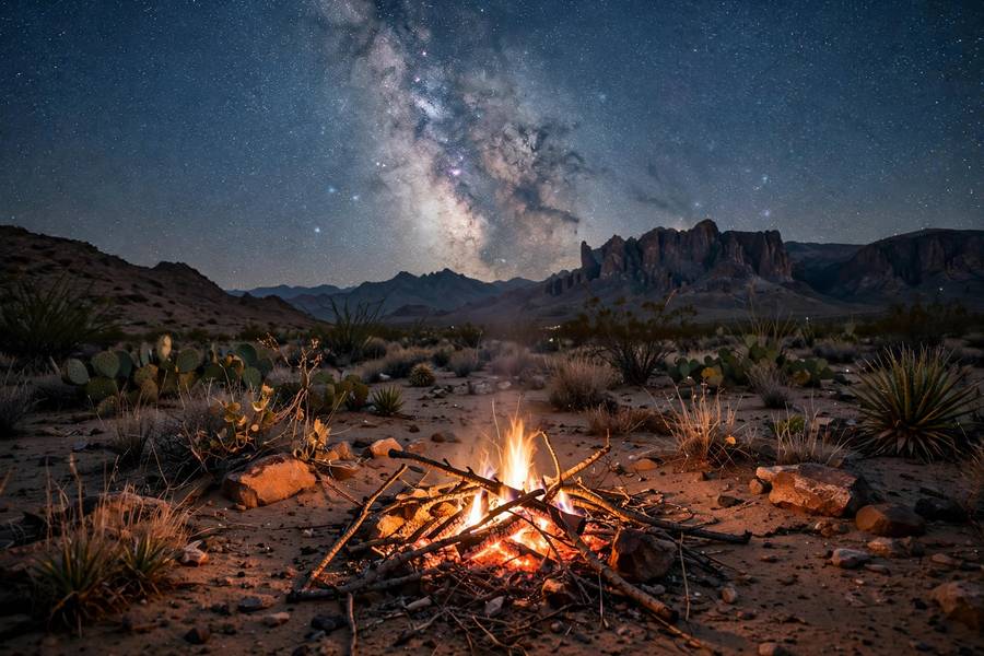 Campfire under starry desert sky in Big Bend National Park