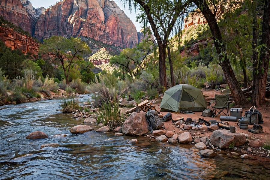 Red rock canyon campsite along river in Zion National Park